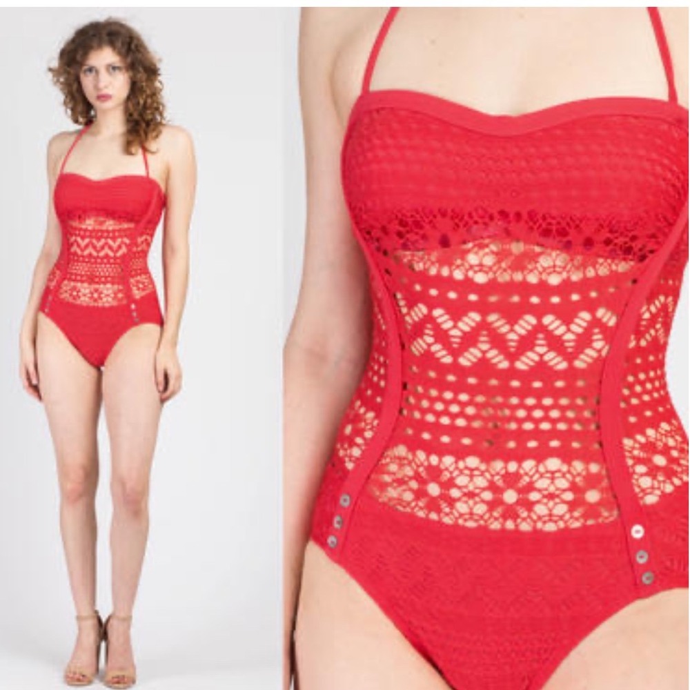 Robin Piccone Red Crochet Halter One Piece Swimsuit Sweetheart Neckline XS